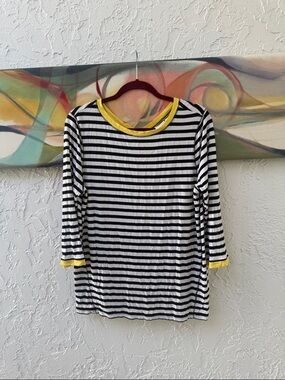 Chico's Zenergy Black & White Striped Top with Yellow Neck Trim